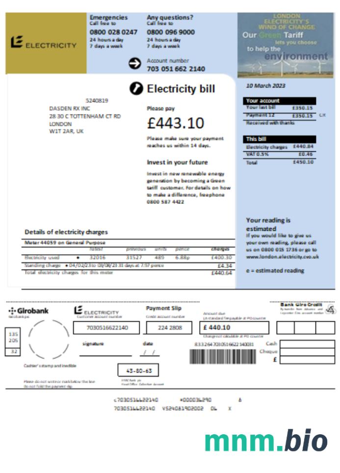 UK Electricity rachunek za usługi komunalne